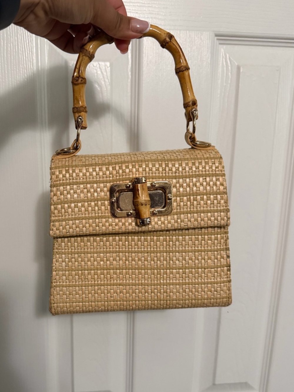 Woven Straw Bamboo-Handle Top-Handle Bag - Natural